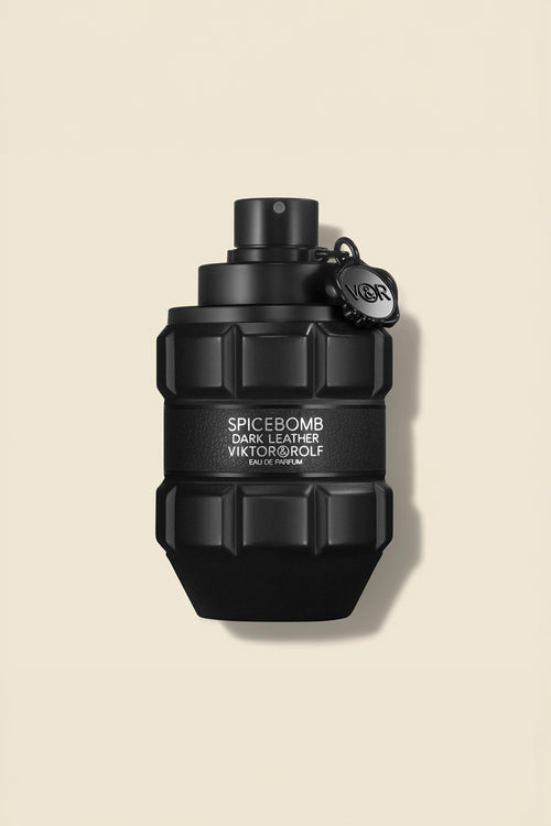 Bold, grenade-shaped bottle of Spicebomb Dark Leather Eau de Parfum by Viktor & Rolf, featuring a sleek black design.