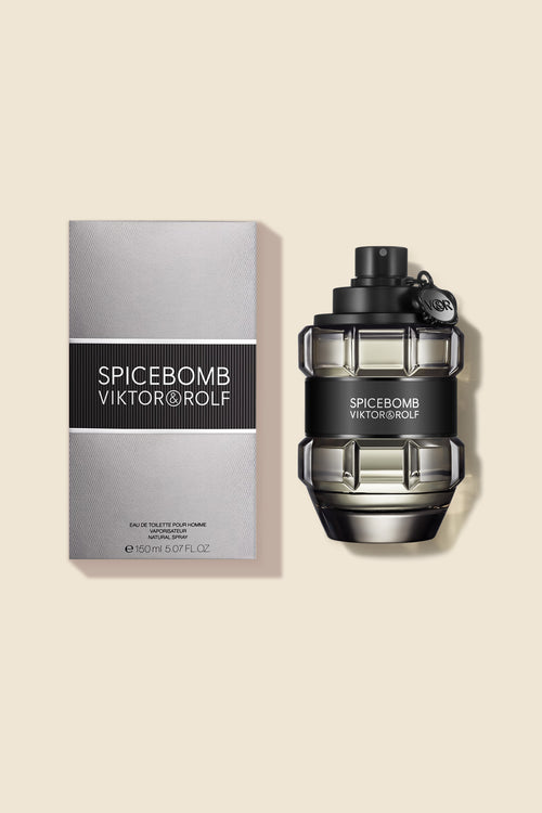 Viktor & Rolf Spicebomb Eau de Toilette features a grenade-shaped bottle with sleek black detailing against a light background.