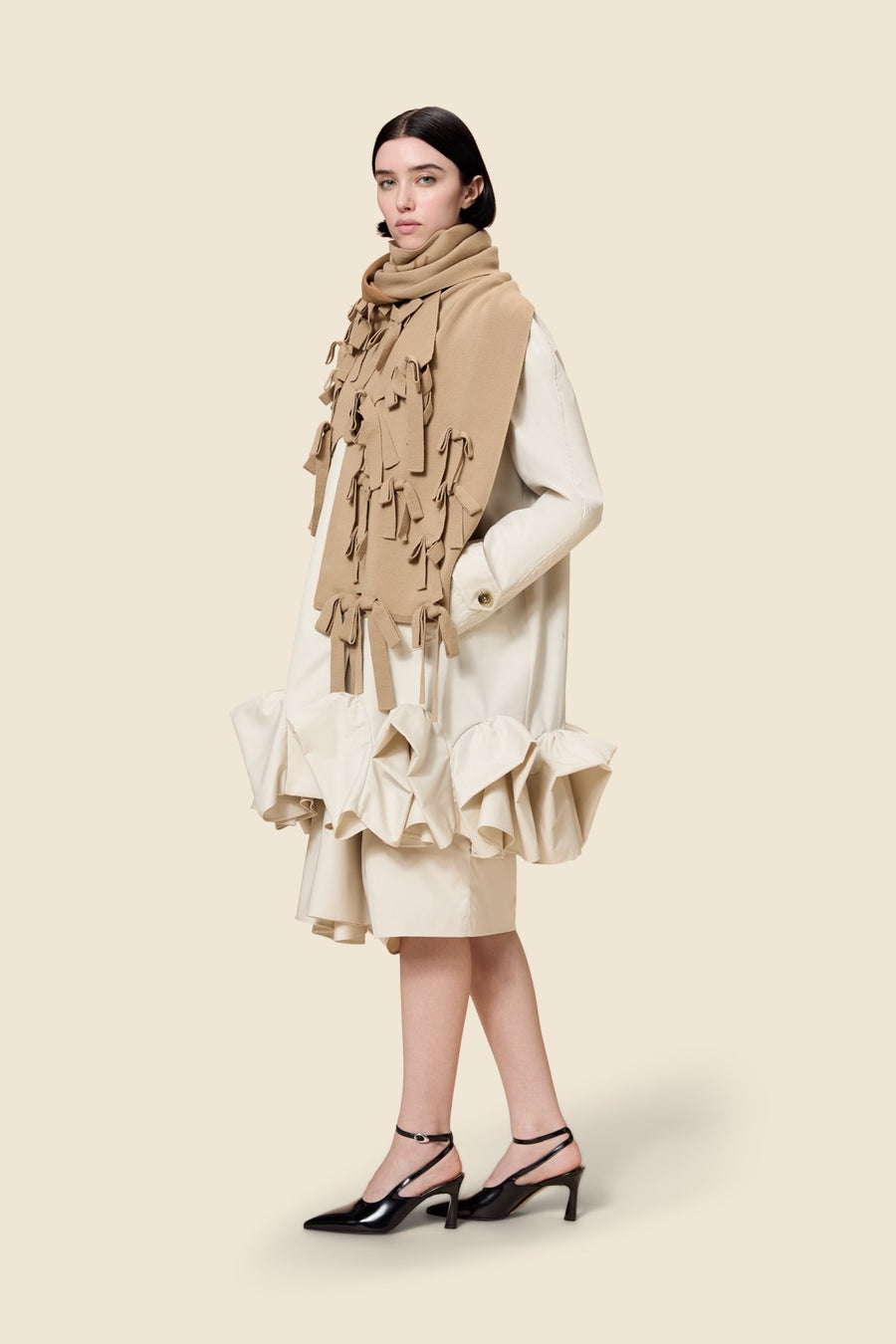 Model in beige viktor&rolf wool scarf