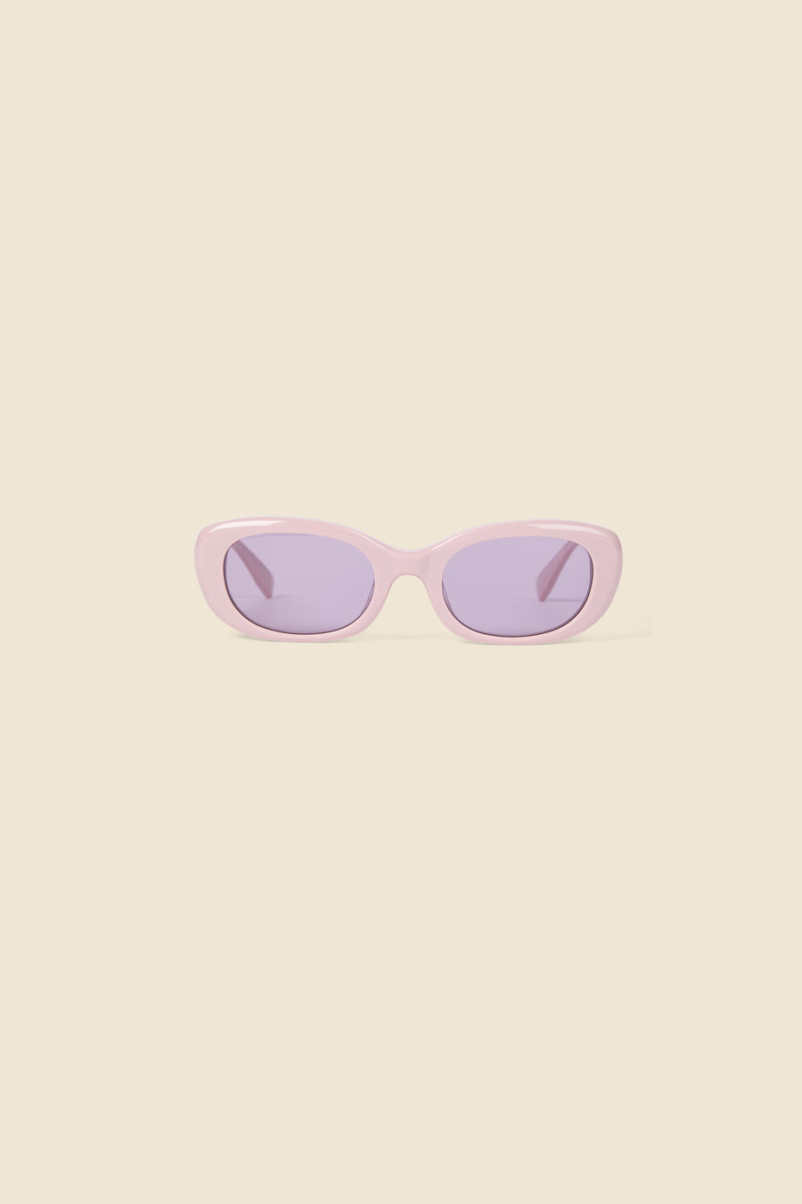 Chic sunglasses with soft pink acetate frames and subtle purple-tinted lenses, offering a trendy and refined look.