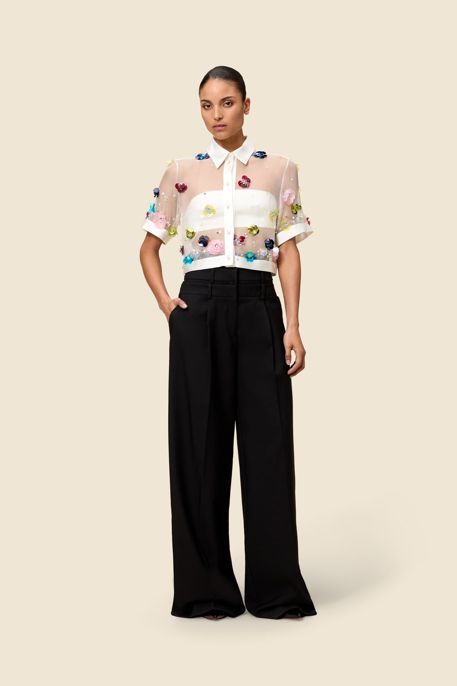 EMBROIDERY SILK CROPPED SHIRT