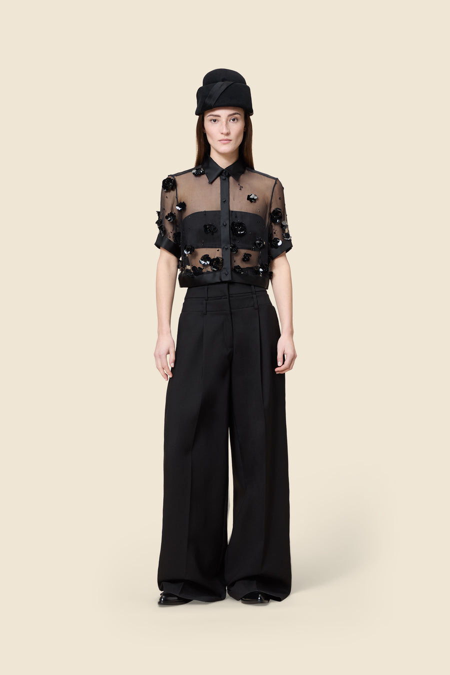 EMBROIDERY SILK CROPPED SHIRT