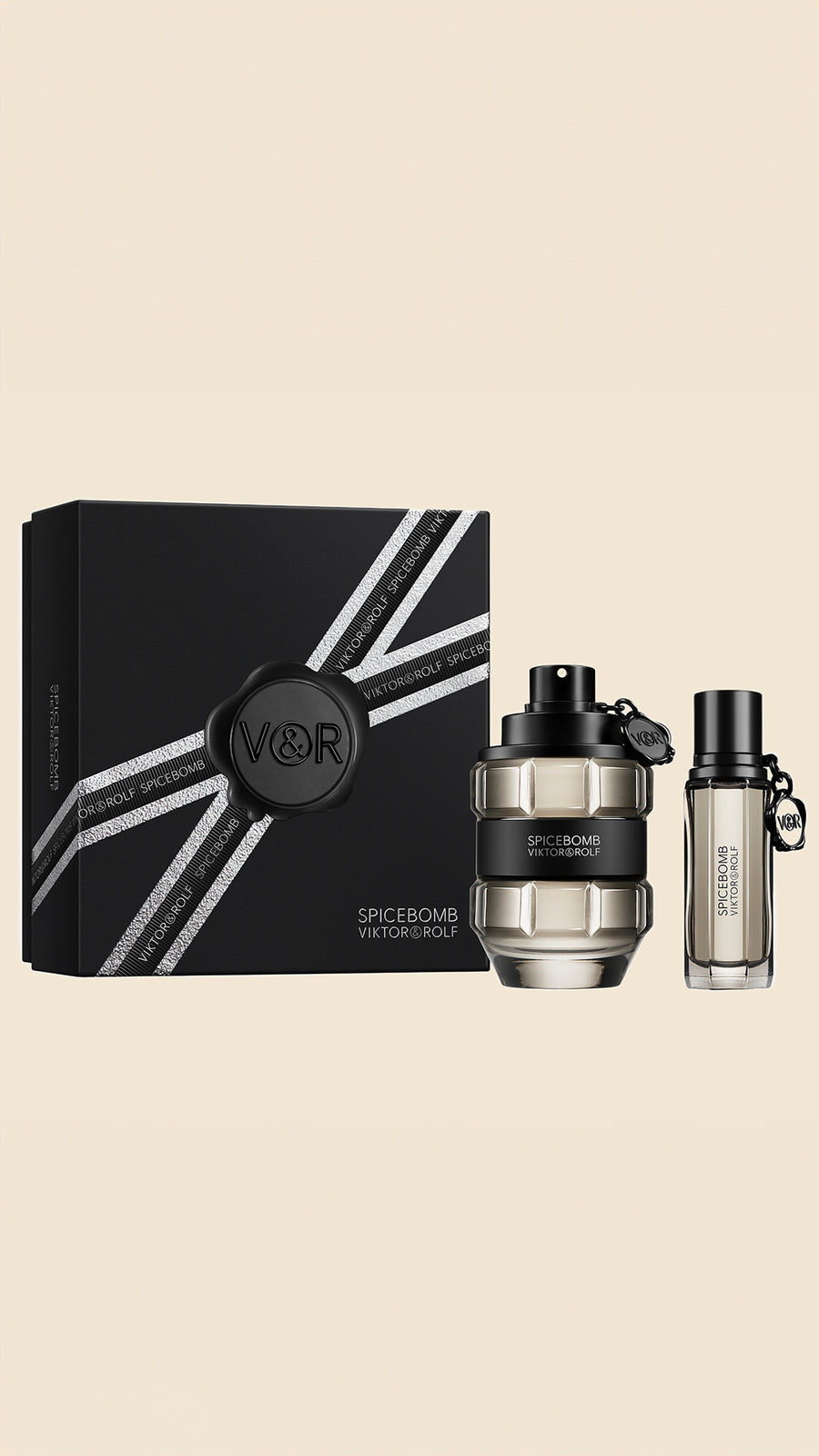 Spicebomb Eau de Toilette gift set for men by Viktor & Rolf, featuring grenade-shaped bottles with a bold black and silver design.