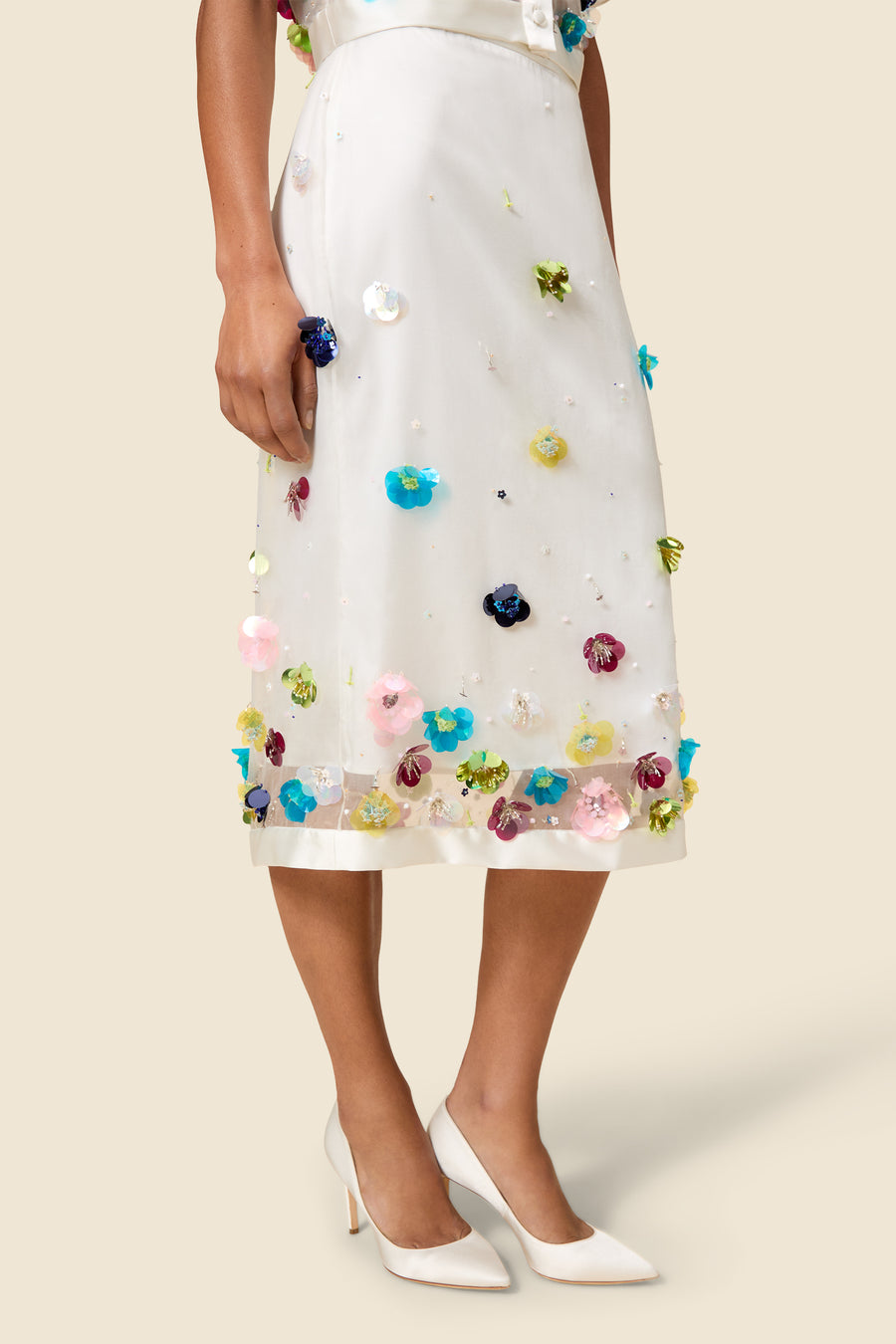 EMBROIDERY SILK MIDI SKIRT