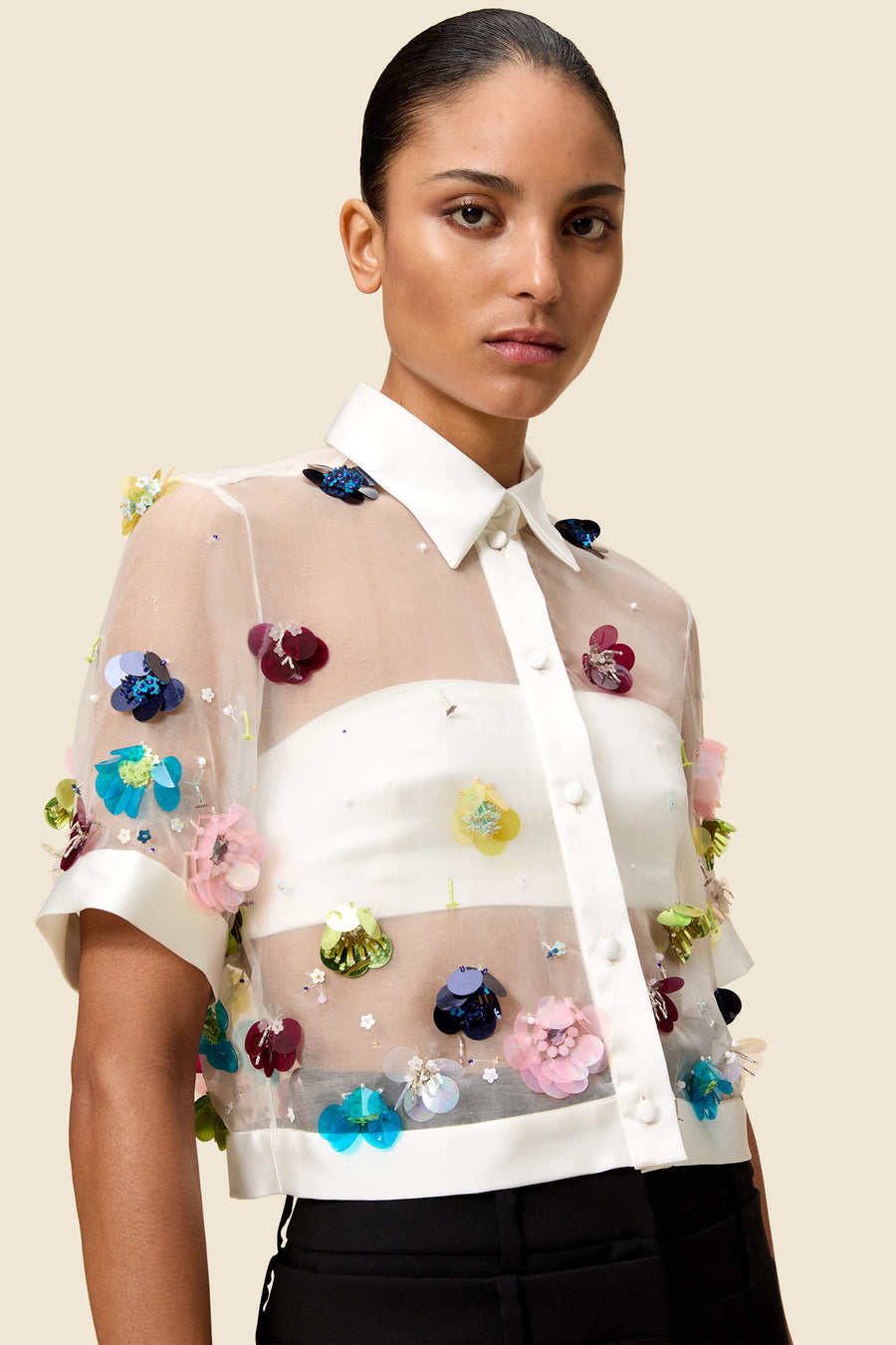 EMBROIDERY SILK CROPPED SHIRT