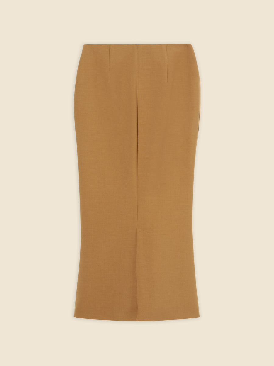 Elegant knee-length tan wool pencil skirt with subtle front pleats, offering a classic fit for versatile styling.