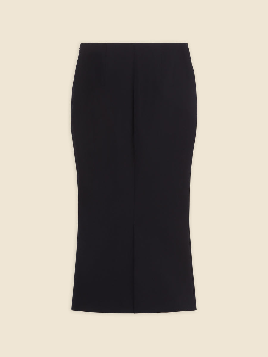 Black tailored pencil skirt featuring a sleek, minimalist design, with a high-waisted fit crafted from luxurious wool blend fabric.