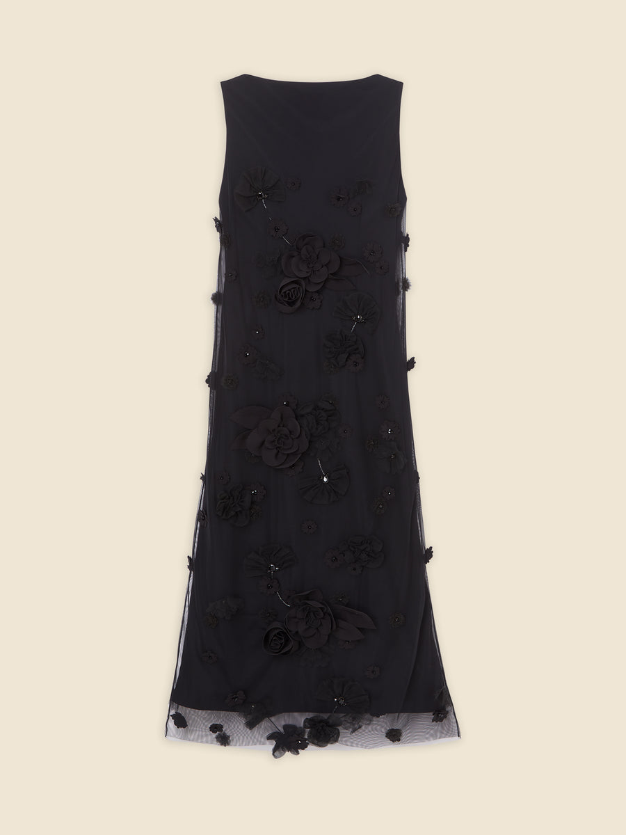 Elegant black dress with intricate floral appliqués and delicate beaded accents on sheer fabric, creating a sophisticated look.