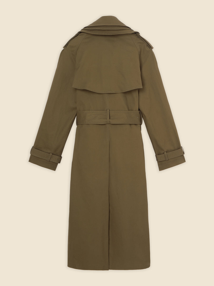 Olive green cotton trench coat with epaulets, belted waist, and storm flap on the back, showcasing classic utilitarian style.