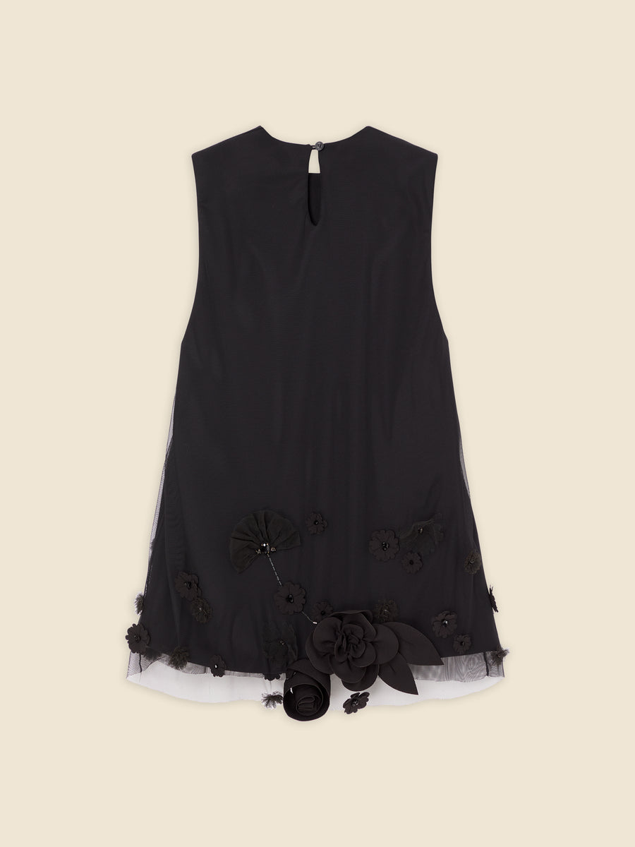 Elegant sleeveless black dress with floral appliqué and bead details, featuring a keyhole back button closure.