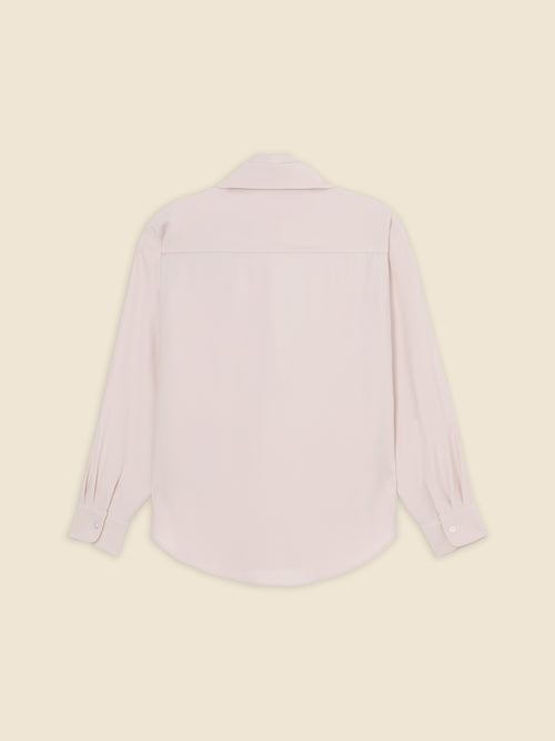 Back view of a light pink long-sleeve collared shirt on a neutral background. Elegant design with buttoned cuffs.