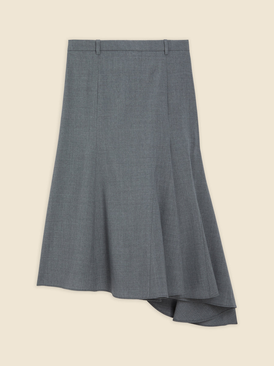 Gray wool-blend skirt with an asymmetric hem, featuring tailored pleats and subtle texture for a sophisticated look.