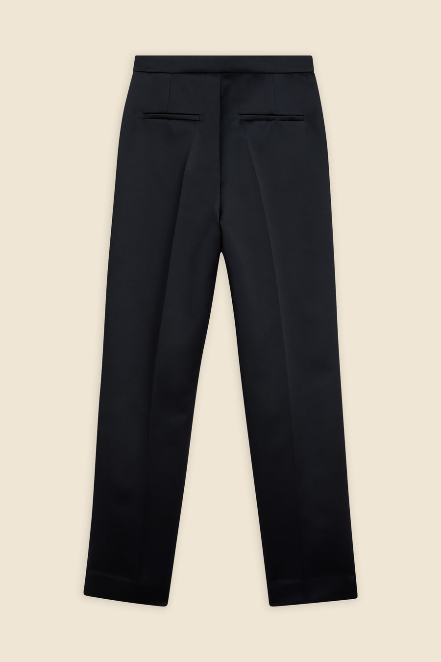 Elegant black tailored trousers with clean lines and precise detailing, featuring a structured waistband and concealed pockets.