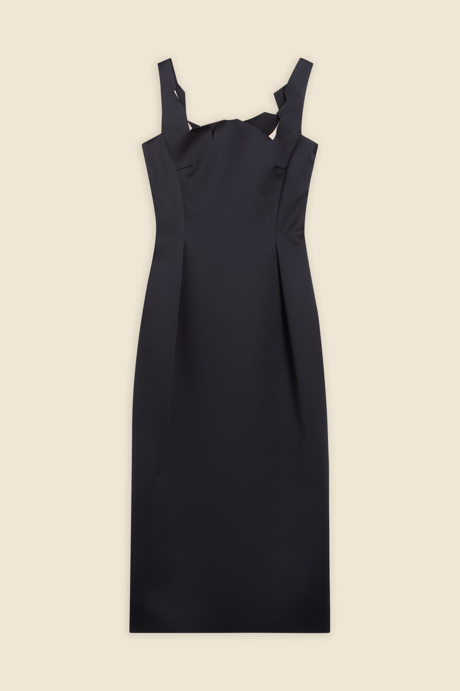 Sleeveless black sheath dress with structured pleats and sculptural shoulder design, elegantly tailored for a sleek fit.