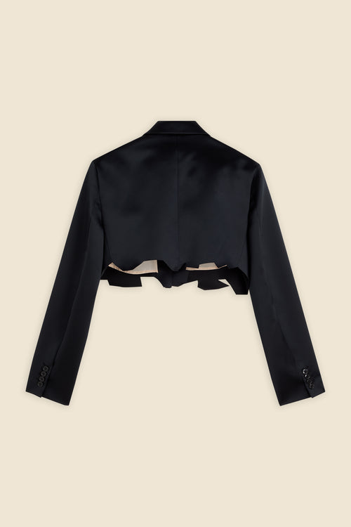 Elegant black cropped jacket with a satin finish, featuring a distinctive wavy cut hem and classic buttoned cuffs.