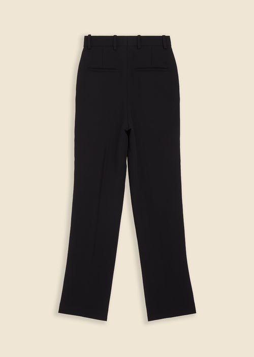 Tailored black trousers with straight legs and discreet welt pockets, crafted from smooth wool blend fabric.