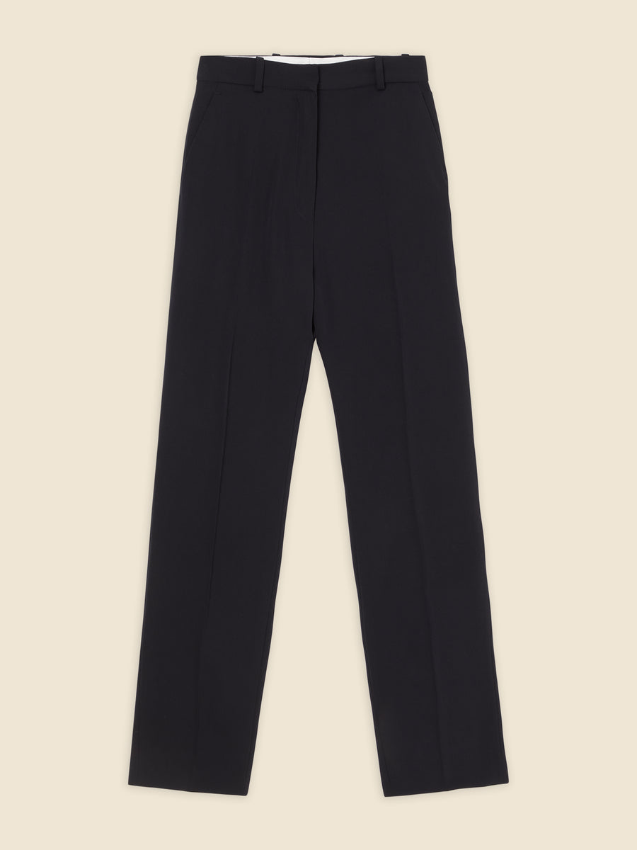 Elegant black tailored trousers with a straight-leg design and belt loops, crafted from high-quality wool blend fabric.