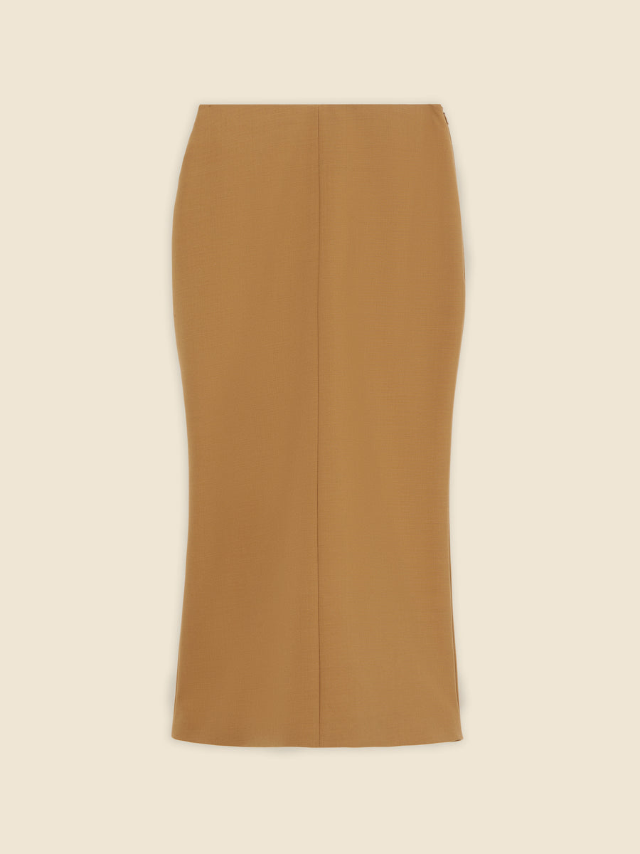 Camel-colored pencil skirt in sleek wool fabric, featuring a tailored fit and minimalist design, perfect for professional settings.