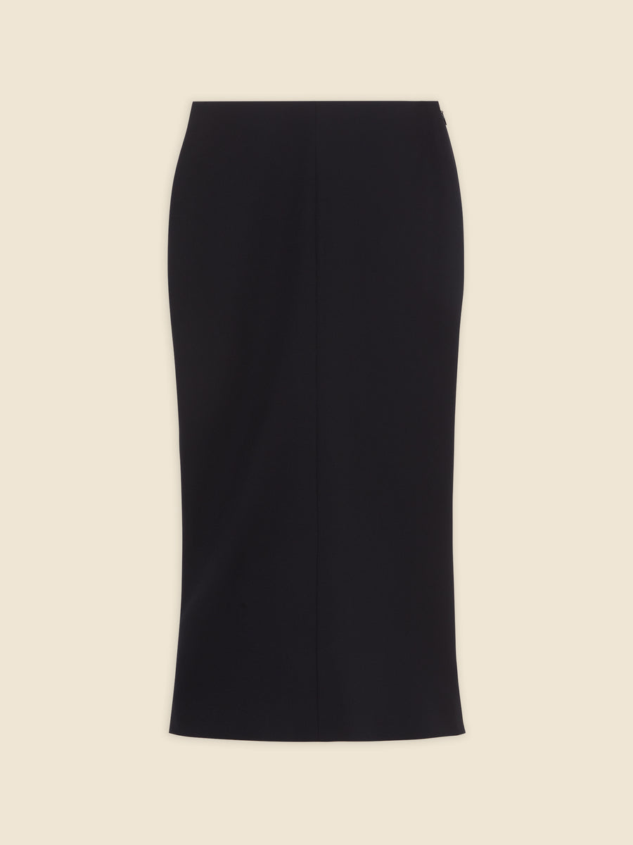 Elegant black pencil skirt in soft fabric, showcasing a sleek, form-fitting silhouette ideal for formal and business settings.