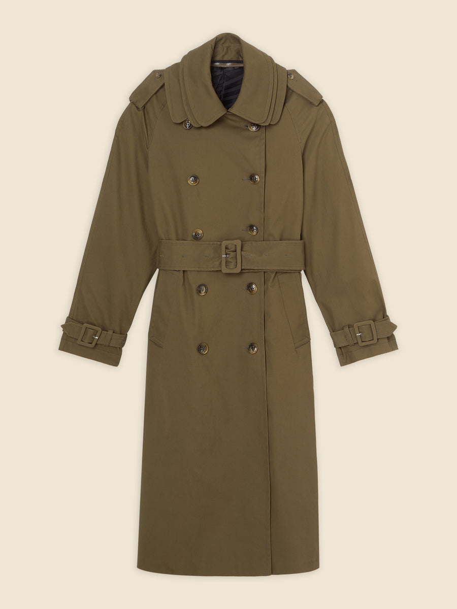 Olive green trench coat featuring a double-breasted design with buckled belt and epaulettes, offering classic elegance.