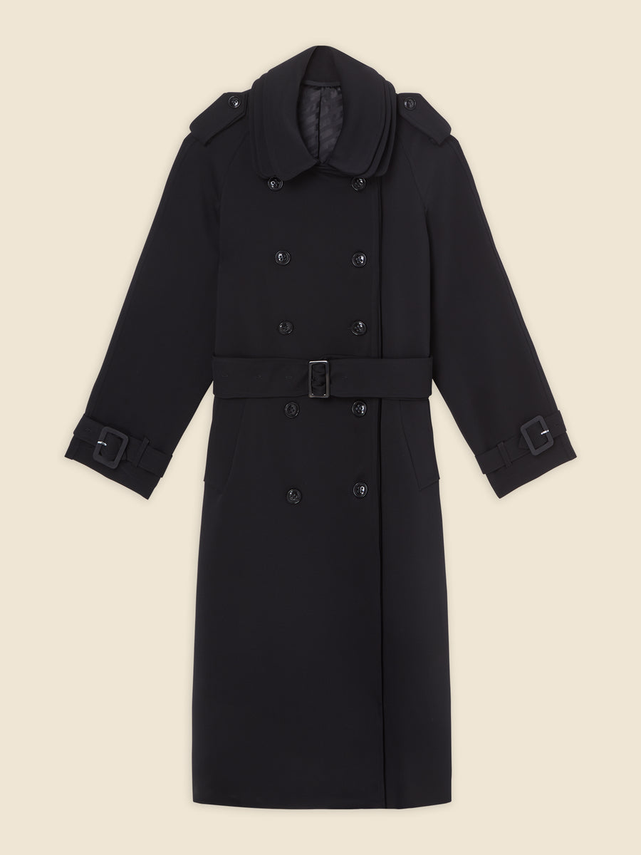 Elegant black wool trench coat with double-breasted design and adjustable belt, featuring large lapels and buttoned epaulettes.