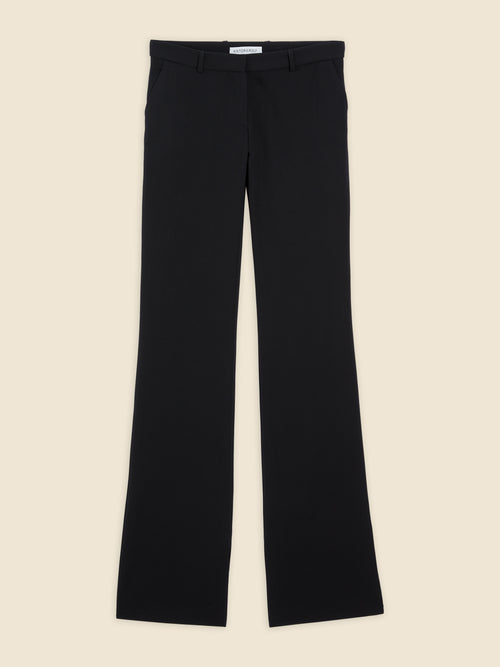 High-waisted black tailored trousers with a straight leg cut and classic belt loops, crafted from smooth fabric for a sleek look.