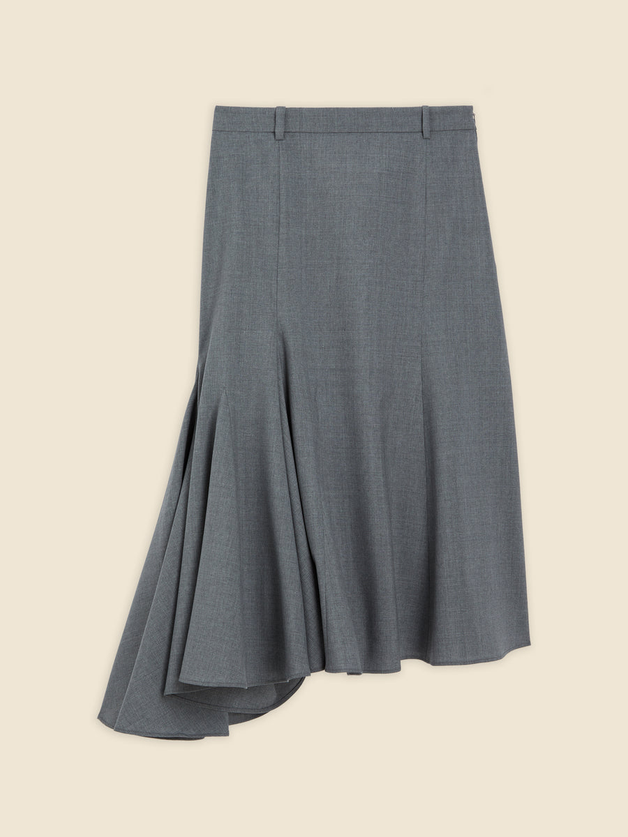 Asymmetrical gray wool skirt featuring pleated details and a high-waisted design with a subtle textured finish.