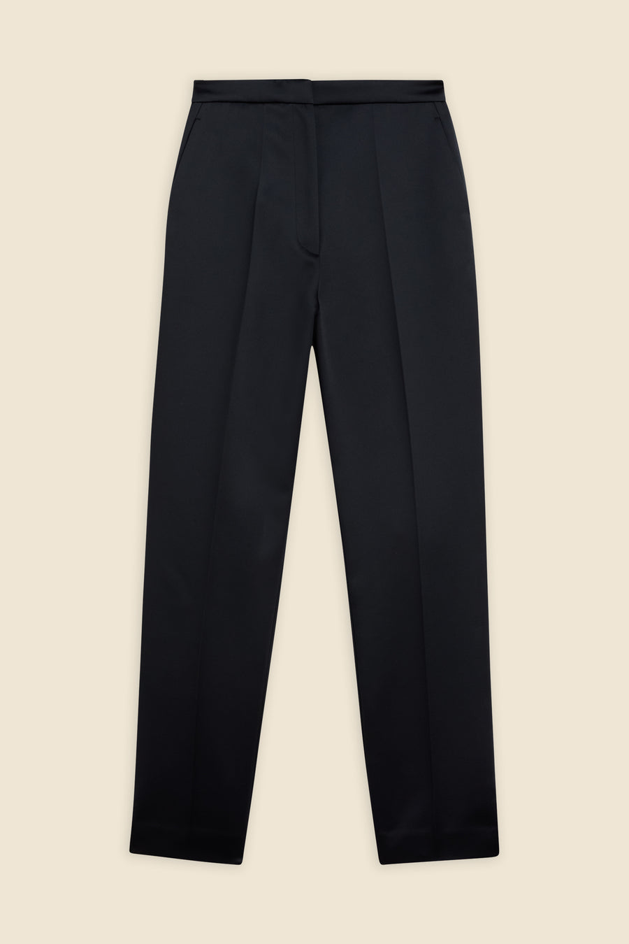 Elegant black tailored trousers with a high waist and sharp pleats, crafted from fine wool fabric for a sleek minimalist look.