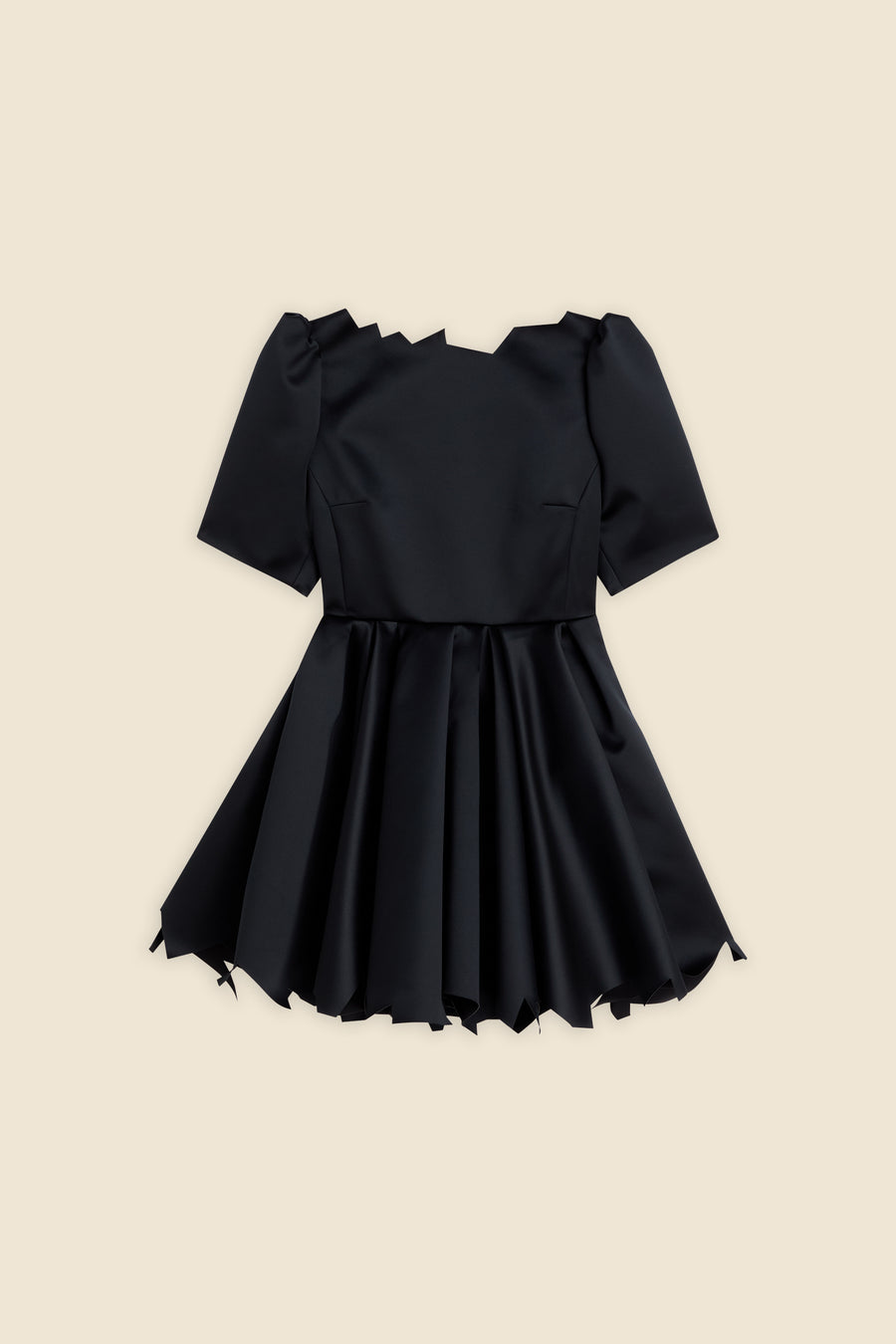 Elegant black satin dress featuring a structured bodice with puffed sleeves and a voluminous pleated skirt.