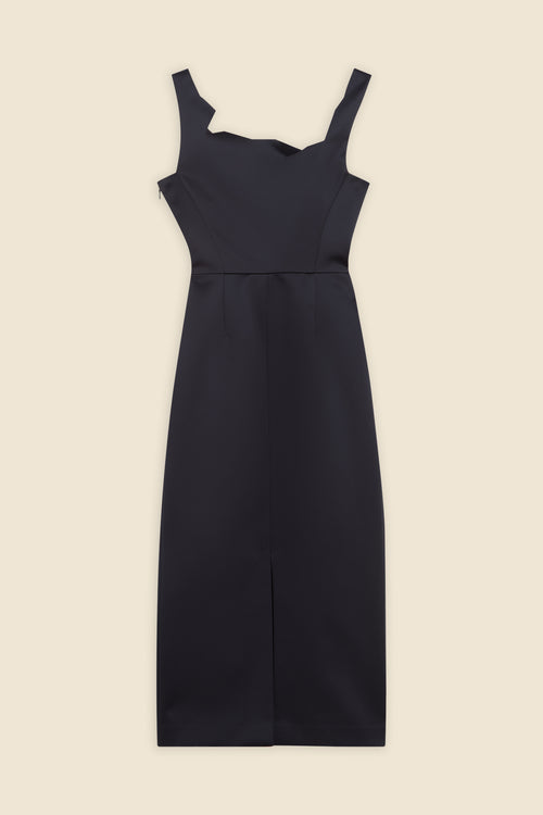 Elegant black midi dress with structured straps and tailored waist, featuring a sleek silhouette and back slit detail.