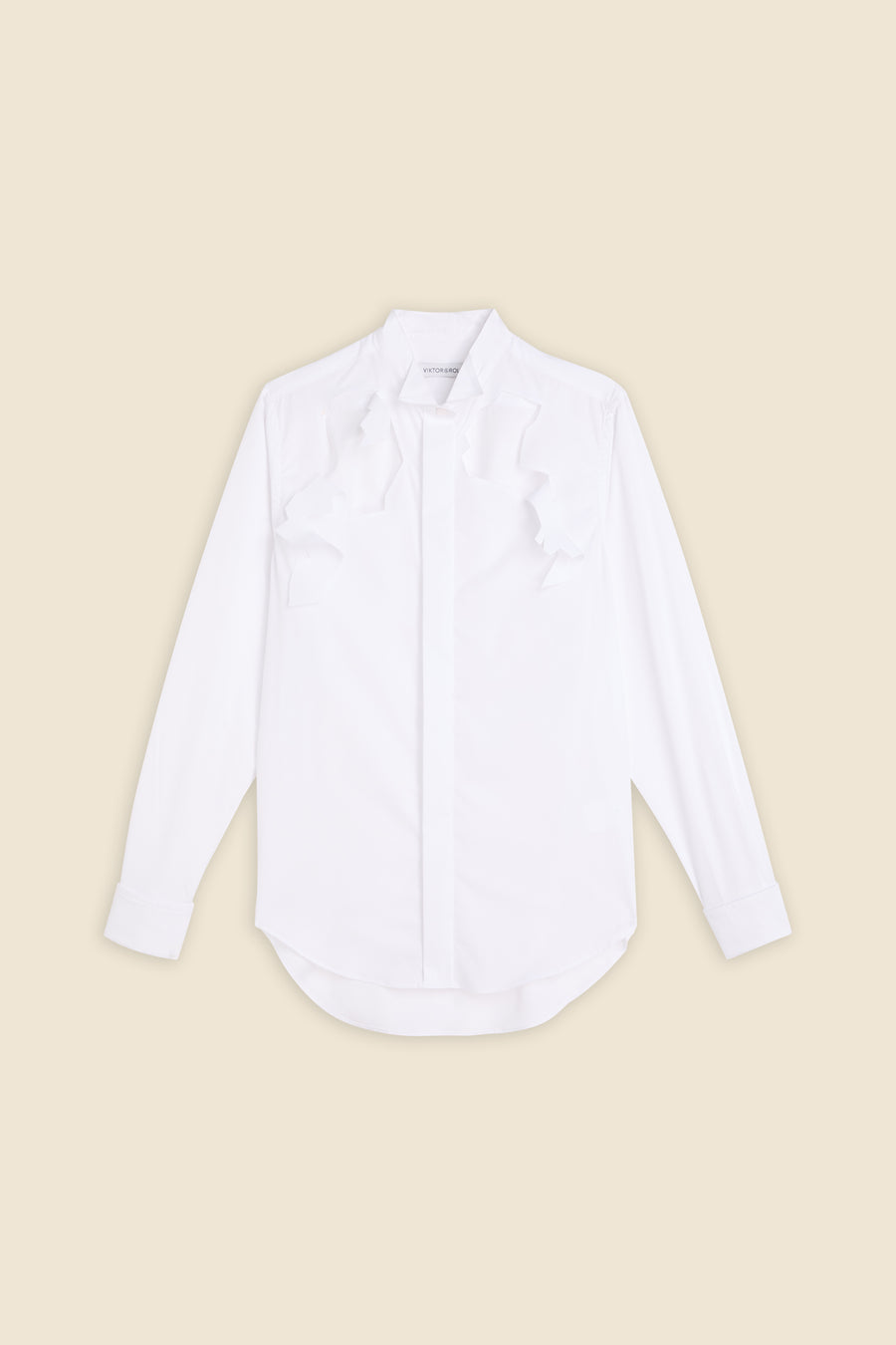 Elegant white button-up shirt with unique ruffle details on the front, designed for formal occasions and sophisticated style.